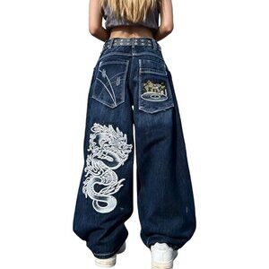 Unisex Y2K Hip Hop Wide Leg Denim Jeans Gothic Skeleton Print